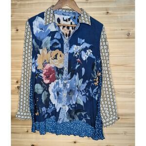 John Mark Top Womens Medium Blue Floral Mixed Media Boho